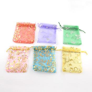 Printed Organza Bags, Gift Bags, Rectangle, Mixed Pattern, Mixed Color, 12x9cm