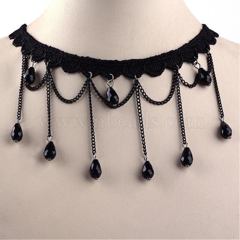 Gothic Style Vintage Lace Choker Necklaces, with Iron Chains, Glass ...