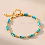 Synthetic Turquoise & Brass Beaded Bracelets for Women, Real 18K Gold Plated, Disc & Column, Inner Diameter: 2-3/8 inch(6cm)(OR9235)