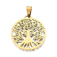 201 Stainless Steel Pendants, Flat Round with Tree, Golden, 32x29.5x1mm, Hole: 5x3mm(STAS-T046-JN269-2)
