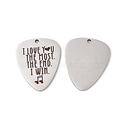 201 Stainless Steel Pendants, Guitar Pick Charm, Laser Cut, with Word I Love You The Most The End I Win, Stainless Steel Color, 35x28x1.5mm, Hole: 2.2mm(STAS-J401-LD014)