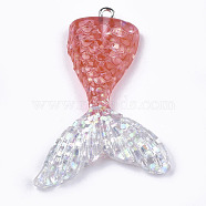 Resin Pendants, with Glitter Powder and Iron Findings, Mermaid Tail Shape, Platinum, Indian Red, 46x30x6mm, Hole: 2mm(CRES-T010-68P)