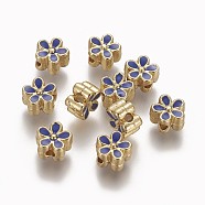 Brass Enamel Beads, Long-Lasting Plated, Flower, Real 18K Gold Plated, Blue, 7x3.3mm, Hole: 1.6mm(KK-L179-05C)