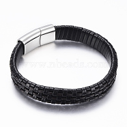 PU Leather Cord Bracelets, with 304 Stainless Steel Magnetic Clasps, Black, 8-5/8 inch(220mm)x12~14x5~8mm(BJEW-F288-02B)