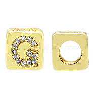 Brass Micro Pave Clear Cubic Zirconia European Beads, Cube with Letter, Letter.G, 8.5x8.5x8.5mm, Hole: 5mm, 3pcs/bag(KK-T030-LA842-GX3)
