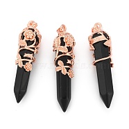 Natural Black Agate Pointed Pendants, with Brass Findings, Bullet, Rose Gold, 57~60x16mm, Hole: 8x5mm(G-O164-02-RG04)