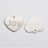Stainless Steel Heart Pendants, Inspirational Message Pendants, with Word Joy, Stainless Steel Color, 21x24x1mm, Hole: 2mm(STAS-L165-A03)