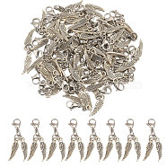 Tibetan Style Alloy Wing Pendant Decoration, with 304 Stainless Steel Lobster Claw Clasps, Antique Silver & Stainless Steel Color, 33mm, 48pcs/set(HJEW-AB00504)