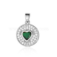 Brass Micro Pave Cubic Zirconia Pendants, Flat Round with Heart Charms, Platinum, Green, 16x14x4.1mm(ZIRC-OY001-01P)
