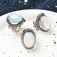 Opalite Adjustable Rings, Lead Free & Cadmium Free, Antique Silver Plated Brass Finger Rings for Women, Oval, 27mm, Inner Diameter: 17mm(RJEW-I108-01AS-05)