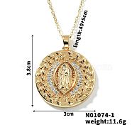 Brass Pave Cubic zirconia Flat Round with Virgin Mary Pendant Necklaces, Golden, Clear, 15.75 inch(40cm)(MI1997-1)