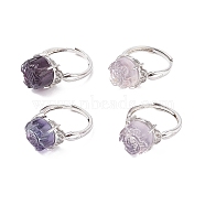 Adjustable Natural Fluorite Finger Rings, with Brass Micro Pave Cubic Zirconia Findings, Rose, Platinum, US Size 8 1/2(18.5mm)(RJEW-Z004-03P)
