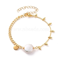 Natural Baroque Pearl Keshi Pearl Link Bracelets, with Brass Curb Chains, 304 Stainless Steel Lobster Claw Clasps and Flat Round Charms, Round, White, Real 18K Gold Plated, 7-1/2 inch(19cm)(BJEW-JB05803-04)