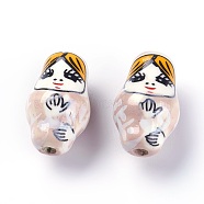 Handmade Printed Porcelain Beads, Matryoshka Doll/Russian Doll Shape, Misty Rose, 21~22x13~14x13~14mm, Hole: 2.5mm(PORC-E015-07E)