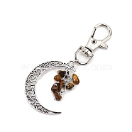 Antique Silver Palted Alloy Hollow Moon Pendant Decorations, Natural Tiger Eye Chip and Swivel Clasp Charm for Bag Ornaments, 80x30mm(PW-WG39F22-04)