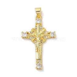 Brass Micro Pave Clear Cubic Zirconia Pendants, Cross, Real 18K Gold Plated, 33x19.5x4.5mm, Hole: 4x3.5mm(KK-A212-11F-G)