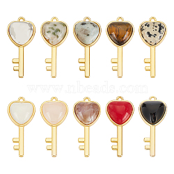 Olycraft 10Pcs 10 Styles Natural & Synthetic Mixed Gemstone Pendants, with Light Gold Plated Brass Findings, Mixed Dyed and Undyed, Key with Heart Charm, 38x17x6.5~7mm, Hole: 1.8mm, 1pc/style(G-OC0004-06)