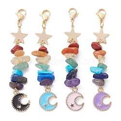 Moon Alloy Enamel Pendant Decorations, with Chakra Gemstone Chips & Brass Star Link and 304 Stainless Steel Lobster Claw Clasps, Mixed Color, 78mm(HJEW-JM01276)