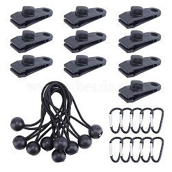 Nylon Plastic Tent Clip, with Iron D Clasps, with Polyester Rubber Rope Camping Accessories, for Tarps, Tent Clamps, Outdoor Camping, Pool Awning Cover, Canvas, Black, 46~155x24~27x4~31mm, 30pcs/set(FIND-WH0064-48)