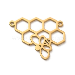 304 Stainless Steel Connector Charms, Laser Cut, Honeycomb with Bee Link, Real 18K Gold Plated, 17.5x22x1mm, Hole: 1.2mm(STAS-O005-03G)
