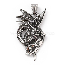 304 Stainless Steel Pendants, with 201 Stainless Steel Snap on Bails, Dragon with Skull Charms, Antique Silver, 48.5x27x7mm, Hole: 9x4.5mm(STAS-A083-20AS)
