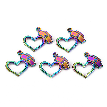 Alloy Pendants, Cadmium Free & Nickel Free & Lead Free, Heart with Nurse Cap, Rainbow Color, 21x23x2mm, Hole: 1.5mm