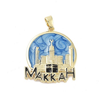 Rack Plating Brass Enamel Pendants, Long-Lasting Plated, Lead Free & Cadmium Free, Real 18K Gold Plated, Flat Round with MAKKAH Charm, Dodger Blue, 30x26x3mm, Hole: 5.5x3.5mm