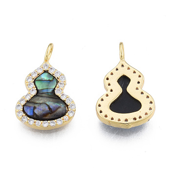 Brass Micro Pave Clear Cubic Zirconia Charms, with Synthetic Abalone Shell/Paua Shells and Jump Rings, Real 18K Gold Plated, Nickel Free, Gourd, Colorful, 17.5x11x3.5mm, Hole: 2~2.5mm