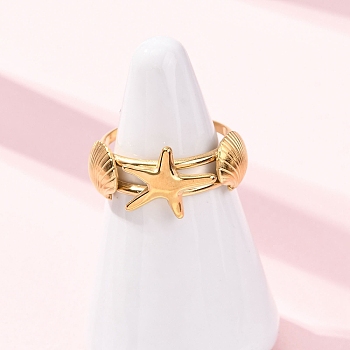 304 Stainless Steel Cuff Open Rings, Golden, Shell Shape, 11mm, US Size 7 1/4(17.5mm)