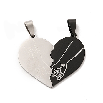 201 Stainless Steel Split Pendants, Heart with Hand Couple Charm, Electrophoresis Black & Stainless Steel Color, 43x38x1.5mm, Hole: 8.5x4.1mm