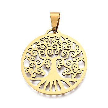 201 Stainless Steel Pendants, Flat Round with Tree, Golden, 32x29.5x1mm, Hole: 5x3mm