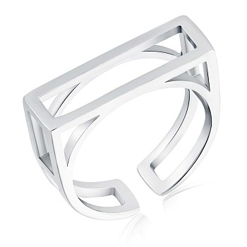 Rhodium Plated 925 Sterling Silver Rectangle Open Cuff Ring, Hollow Ring for Women, Platinum, US Size 5 1/4(15.9mm)