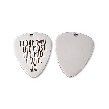 201 Stainless Steel Pendants, Guitar Pick Charm, Laser Cut, with Word I Love You The Most The End I Win, Stainless Steel Color, 35x28x1.5mm, Hole: 2.2mm