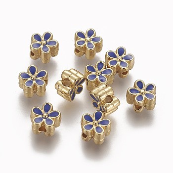 Brass Enamel Beads, Long-Lasting Plated, Flower, Real 18K Gold Plated, Blue, 7x3.3mm, Hole: 1.6mm