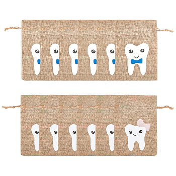 12Pcs 2 Colors Rectangle Linen Packing Pouches, Cute Baby Tooth Print Drawstring Bags, Mixed Color, 15.5x10.2x0.12cm, 6pcs/color