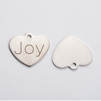 Stainless Steel Heart Pendants, Inspirational Message Pendants, with Word Joy, Stainless Steel Color, 21x24x1mm, Hole: 2mm
