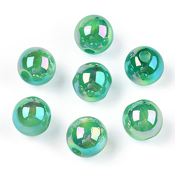 Translucent Resin Beads, Glitter Beads, Round, Medium Sea Green, 8x7.5mm, Hole: 1.8mm