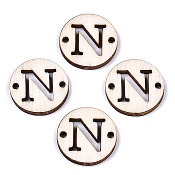 Unfinished Natural Poplar Wood Links Connectors, Laser Cut, Flat Round with Word, Letter.N, 19.5x2.5mm, Hole: 2mm