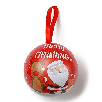 Tinplate Round Ball Candy Storage Favor Boxes, Christmas Metal Hanging Ball Gift Case, Deer, 16x6.8cm