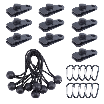 Nylon Plastic Tent Clip, with Iron D Clasps, with Polyester Rubber Rope Camping Accessories, for Tarps, Tent Clamps, Outdoor Camping, Pool Awning Cover, Canvas, Black, 46~155x24~27x4~31mm, 30pcs/set