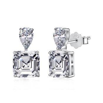 Rhodium Plated 925 Sterling Silver Micro Pave Cubic Zirconia Ear Studs for Women, Dangle Earrings with S925 Stamp, Square, Real Platinum Plated, 15x8mm