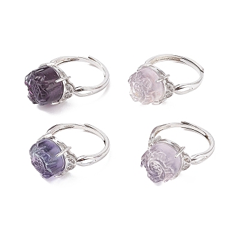 Adjustable Natural Fluorite Finger Rings, with Brass Micro Pave Cubic Zirconia Findings, Rose, Platinum, US Size 8 1/2(18.5mm)
