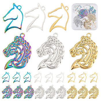 18Pcs 6 Style 201 Stainless Steel Pendants, Horse Head, Mixed Color, 22~31.5x17~22.5x1.5~2mm, Hole: 1.8~2mm, 3pcs/style