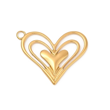 304 Stainless Steel Pendants, Ion Plating(IP), Heart Charms, Real 14K Gold Plated, 24.5x28.5x2mm, Hole: 2mm