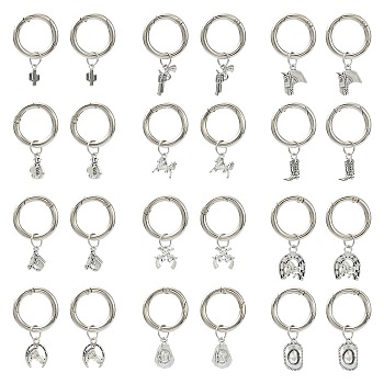 24Pcs 12 Styles Cowboy Theme Mixed Shapes Alloy Shoes Charms, with Spring Gate Rings, Antique Silver, 45~52mm, 2pcs/style