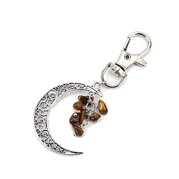 Antique Silver Palted Alloy Hollow Moon Pendant Decorations, Natural Tiger Eye Chip and Swivel Clasp Charm for Bag Ornaments, 80x30mm