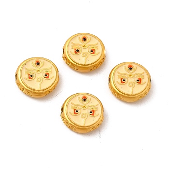 Alloy Beads, with Enamel, Golden, Flat Round with God of Wealth & Eye, Light Yellow, 13~13.5x4.5mm, Hole: 2mm