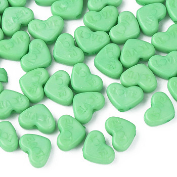 Opaque Acrylic Beads, Dyed, Heart with Word Love, Medium Sea Green, 10x13.5x4.5mm, Hole: 1.8mm, about 2300pcs/500g