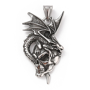 304 Stainless Steel Pendants, with 201 Stainless Steel Snap on Bails, Dragon with Skull Charms, Antique Silver, 48.5x27x7mm, Hole: 9x4.5mm