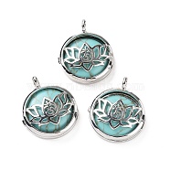 Synthetic Turquoise Locket Pendants, Flat Round Charms, with Platinum Plated Brass Lotus Findings, 31.5x27x9mm, Hole: 4.6mm(G-G982-01P-21)